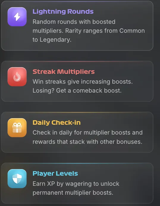 Rush Hour Betting features menu showing Lightning Rounds, Streak Multipliers, Daily Check-in, and Player Levels