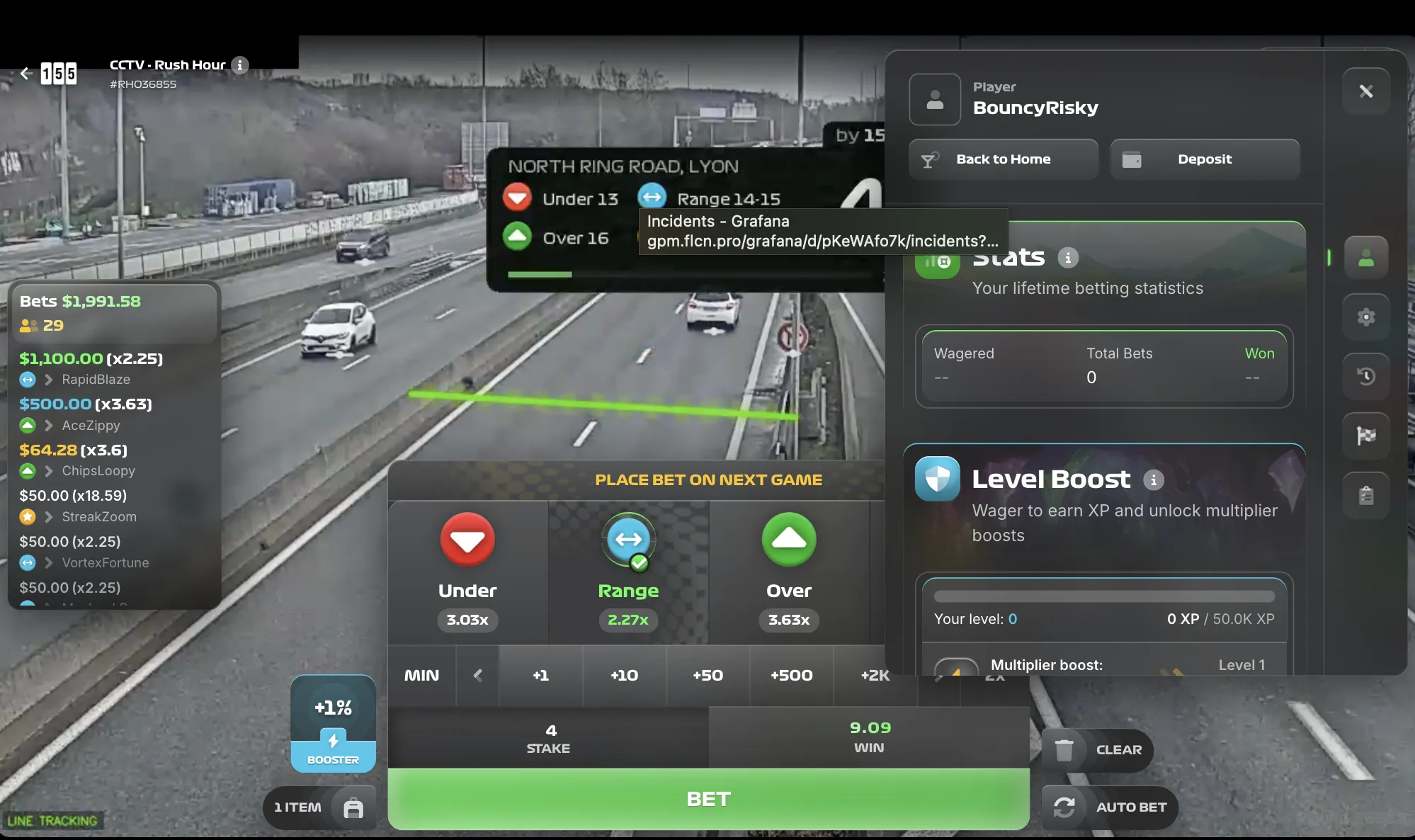 Rush Hour Betting live highway feed from Lyon with vehicle detection, player stats and Level Boost panel