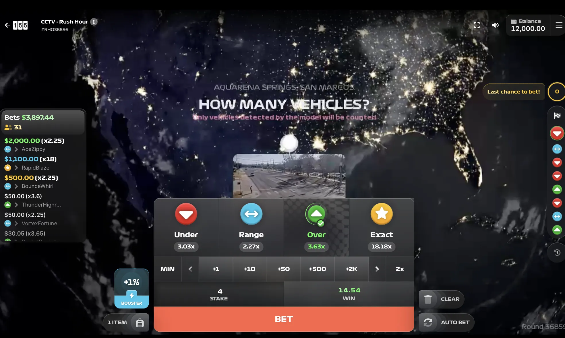 Rush Hour Betting game showing San Marco location with Under, Range, Over and Exact betting tiers