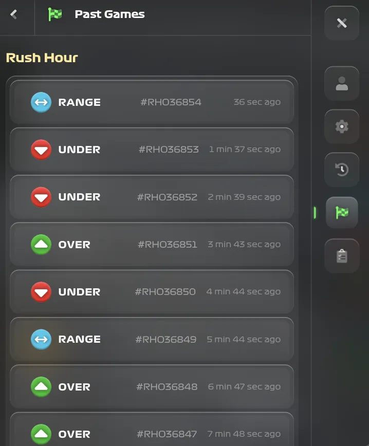 Rush Hour Betting past games panel showing bet history with game IDs and bet types