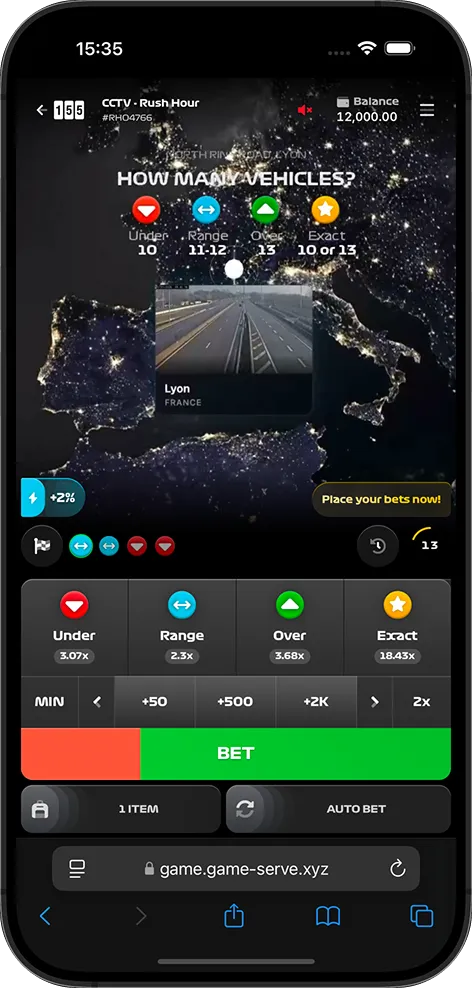 Rush Hour Betting game running on iPhone — live betting interface with camera feed from Lyon, France
